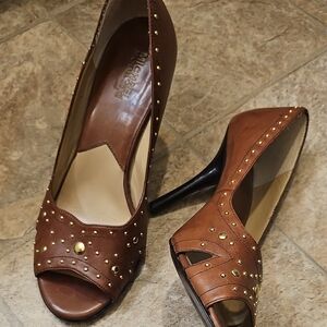 Michael Kors Tan Brown Leather Studded Peep-Toe Heels